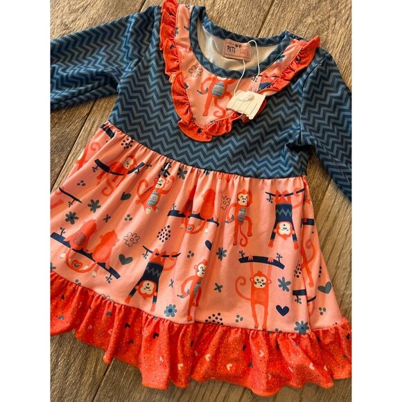 Pete and Lucy Dress 2T 2 Toddler Girls NWT Long Sleeve Monkey Boutique Ruffle‎ - Picture 1 of 8